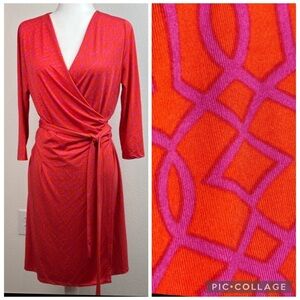 Charlie Paige pink, orange preppy geometric print long sleeve midi wrap dress M